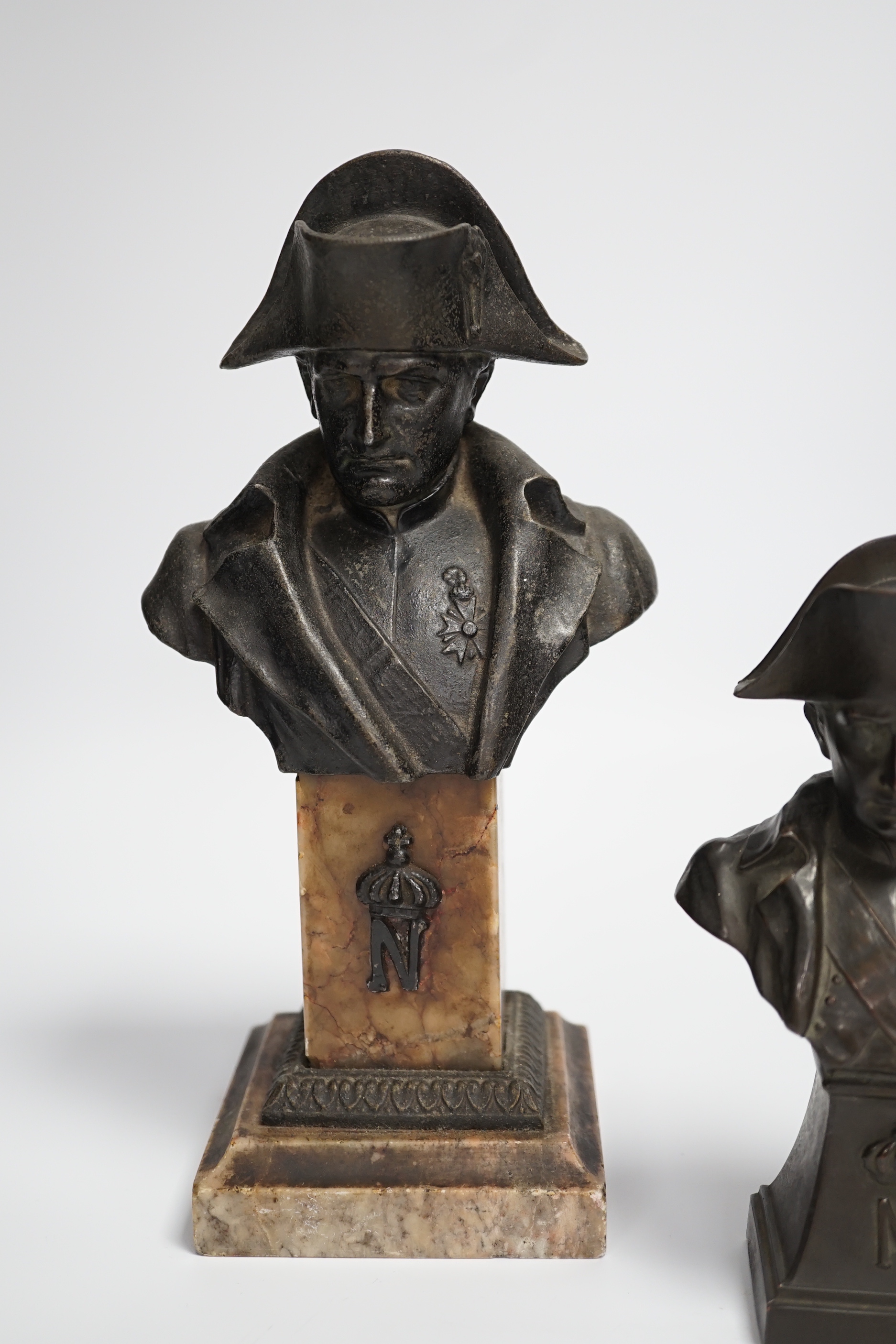 Two spelter busts of Napoleon, tallest 24cm high